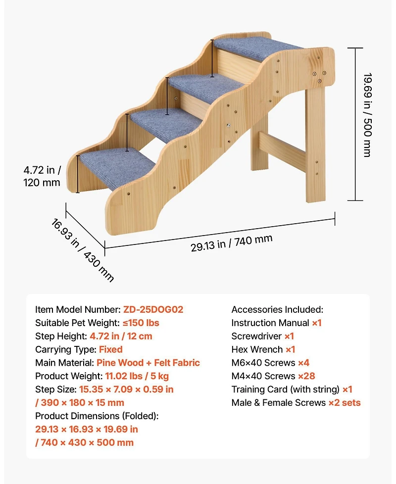 Cozito -Step Wooden Pet Stairs for High Beds, Sofa, or Car, Non-Slip Surface