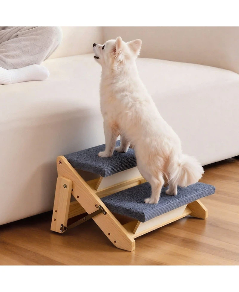 Cozito 2-Step Wooden Pet Stairs for Bed, Sofa, or Car, Foldable Flat Design, 110 lb Capacity