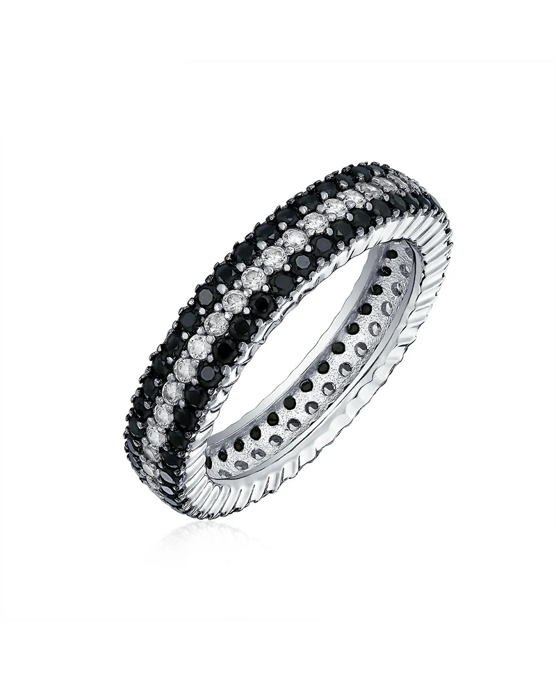 Bling Jewelry Pave Cubic Zirconia 3 Row Stripe Cz Statement Black & White Eternity Band Ring .925 Sterling Silver