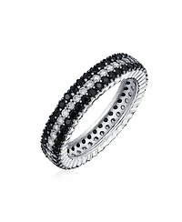 Bling Jewelry Pave Cubic Zirconia 3 Row Stripe Cz Statement Black & White Eternity Band Ring .925 Sterling Silver