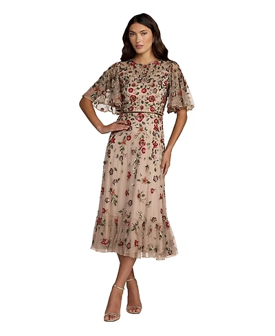 Draft - Mac Duggal Women's Floral Embellished Flutter Sleeve Midi Dress