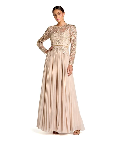 Mac Duggal Women's Long Sleeve Chiffon Embellished Gown