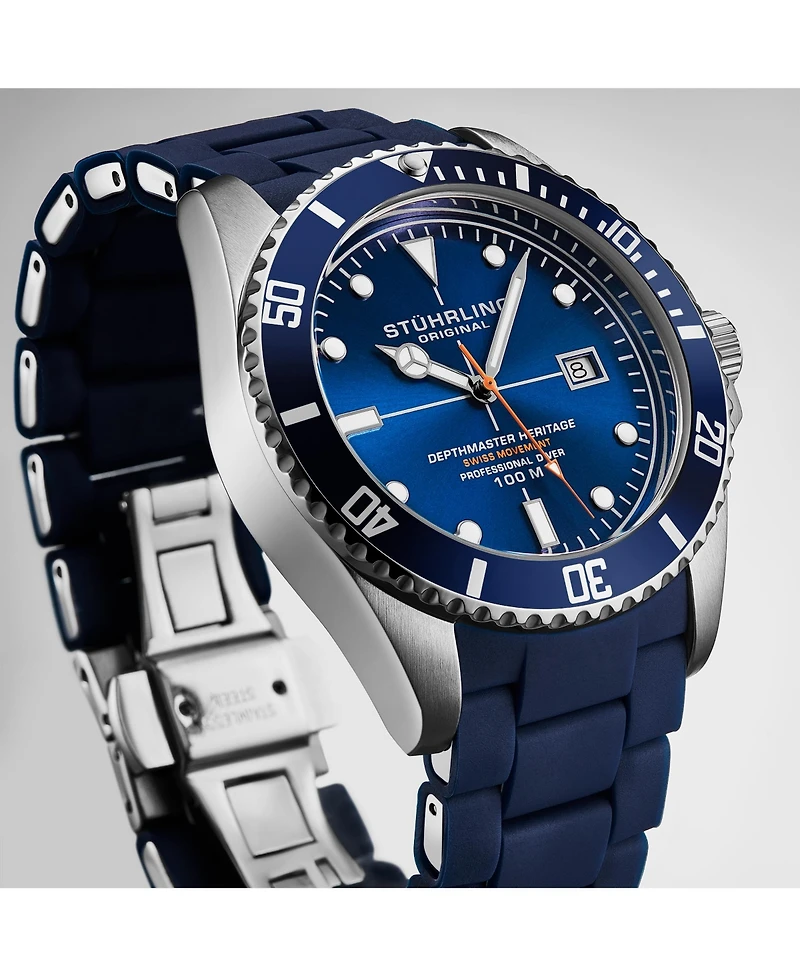 Stuhrling Depthmaster Heritage 4087 Men's Swiss Quartz Diver Watch, 44mm Black Dial with Red Accents
