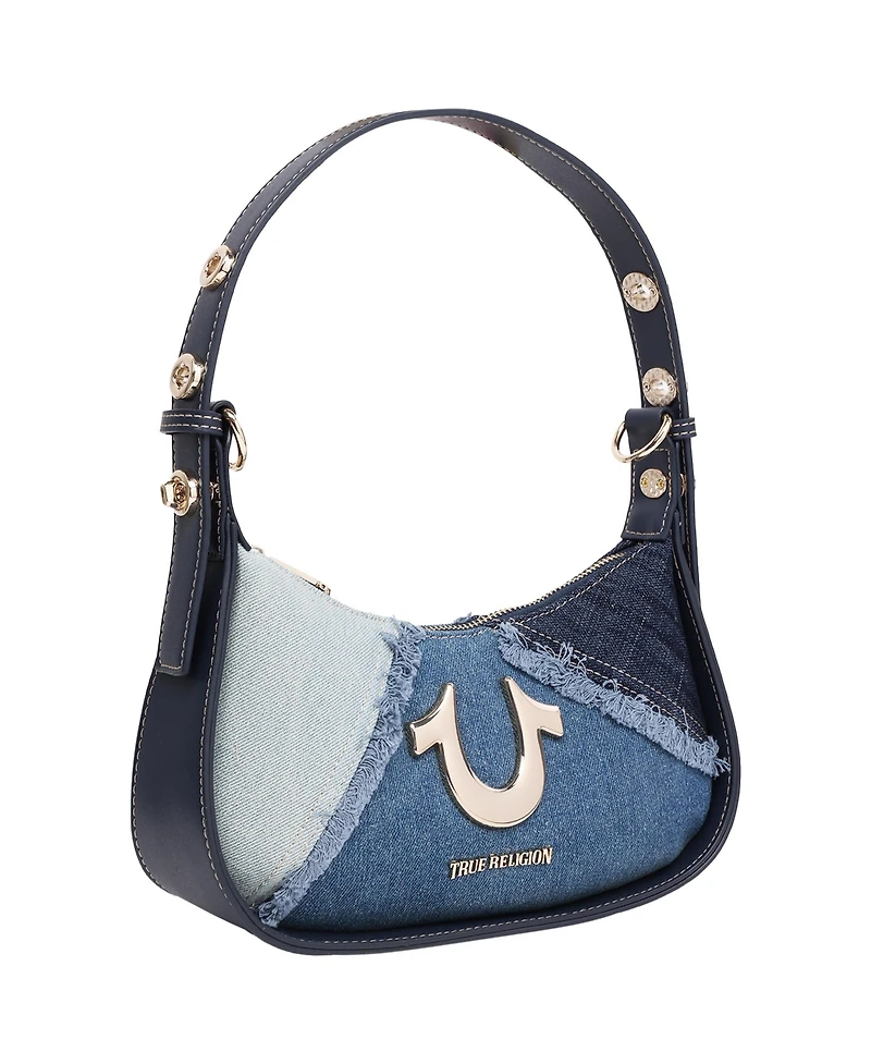 True Religion Frayed Denim Horseshoe Flap Shoulder Bag