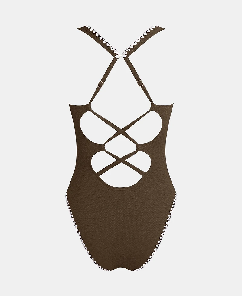 Cupshe Women's V-Neck High Leg Adjustable Crossback One-Piece Swimsuit