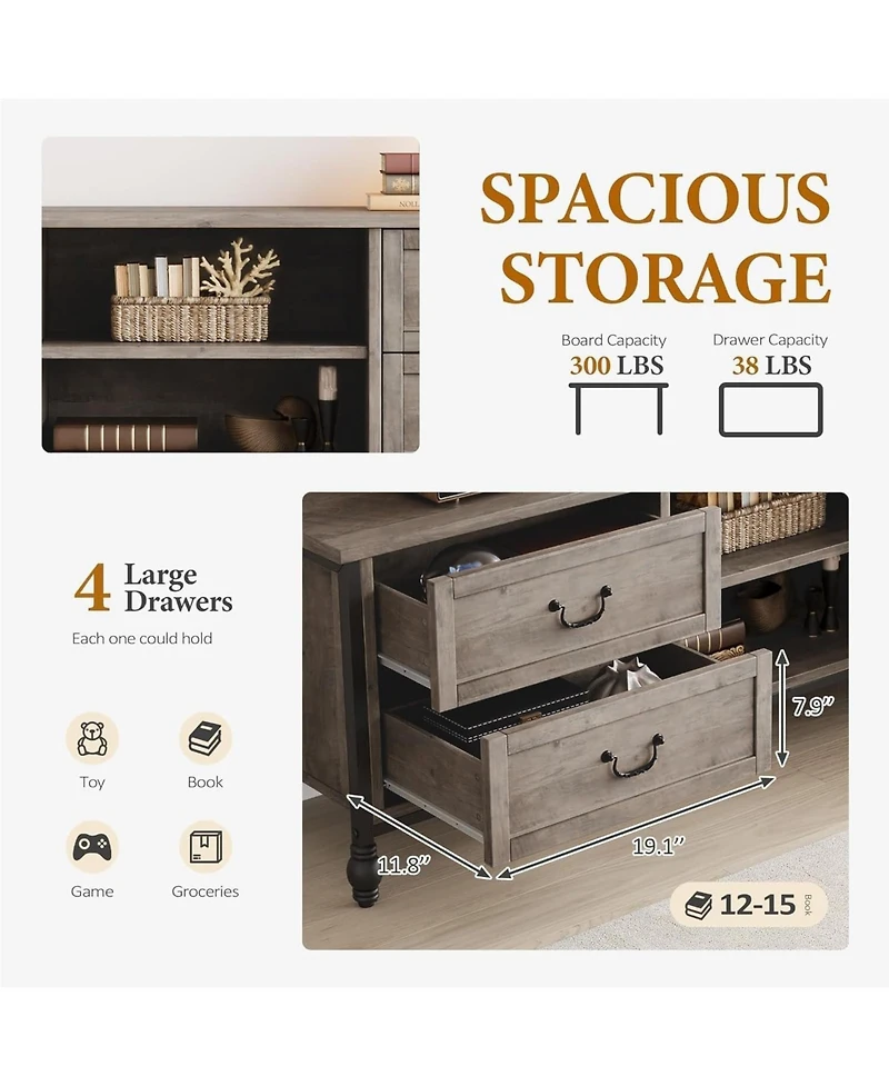 gaomon Large Tv Stand for 70-75 Inch TVs, Mid Century Modern Entertainment Center with 4 Drawers & 2 Open Shelves, Grey