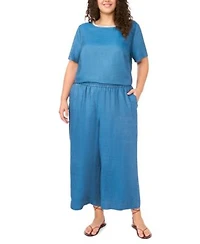 Vince Camuto Chambray Short Slv Crew Neck Blouse Wide Leg Smocked Waist Pant