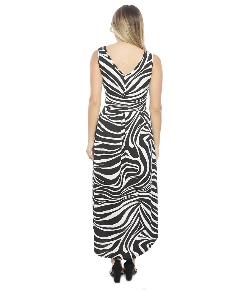 24seven Comfort Apparel Women's Zebra Sleeveless Fit N Flare High Low Pocket Midi Dress