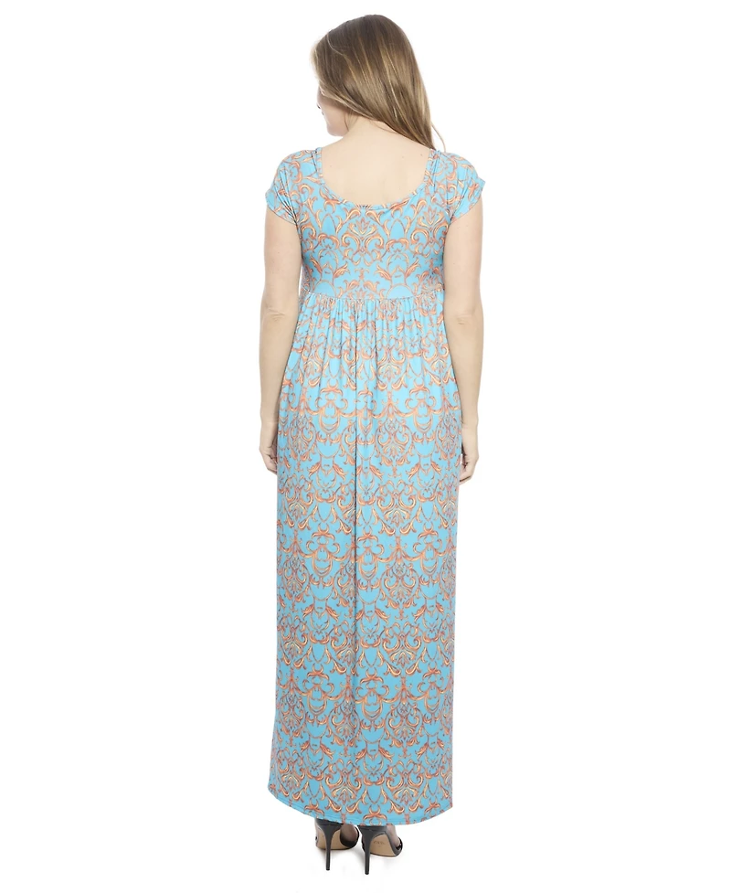 24seven Comfort Apparel Women's Abstract Square Neck Cap Sleeve Pleated A-Line Maxi Dress