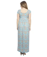 24seven Comfort Apparel Women's Abstract Square Neck Cap Sleeve Pleated A-Line Maxi Dress