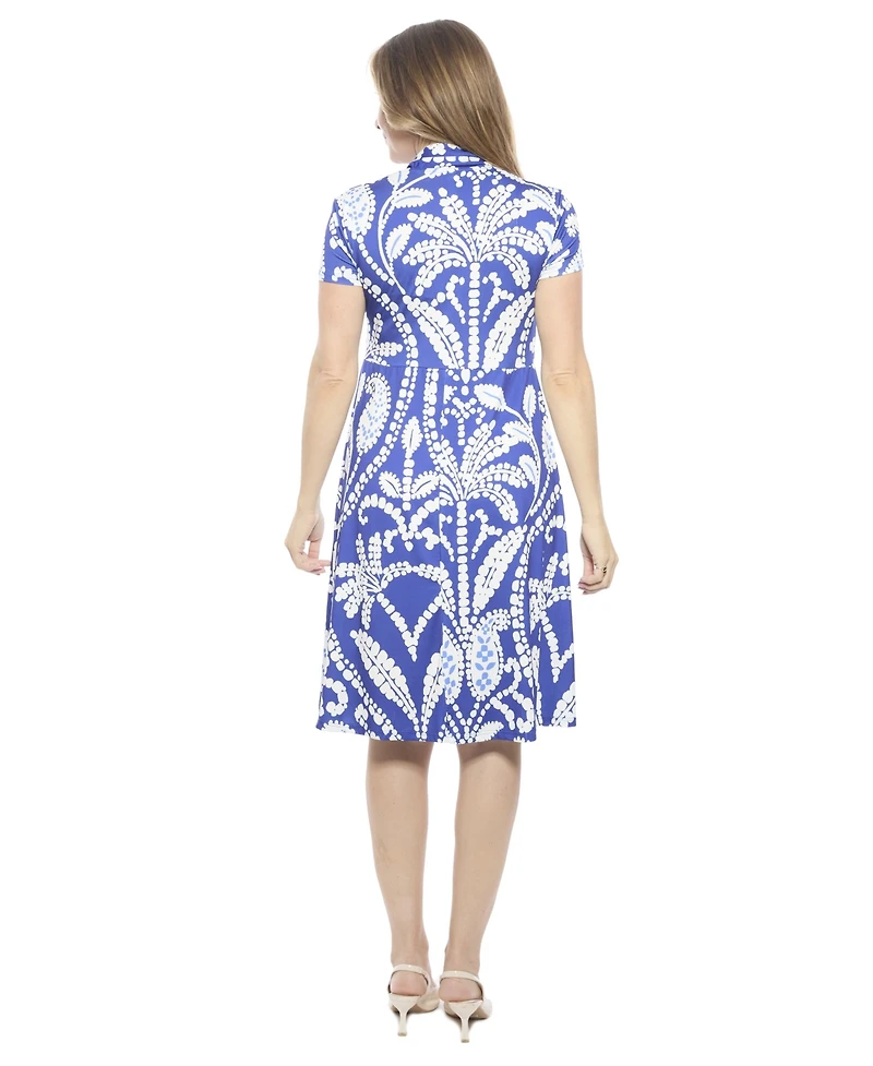 24seven Comfort Apparel Women's Paisley V-Neck Short Sleeve Faux Wrap Knee Length A-Line Dress