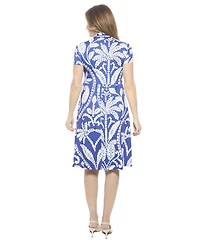 24seven Comfort Apparel Women's Paisley V-Neck Short Sleeve Faux Wrap Knee Length A-Line Dress