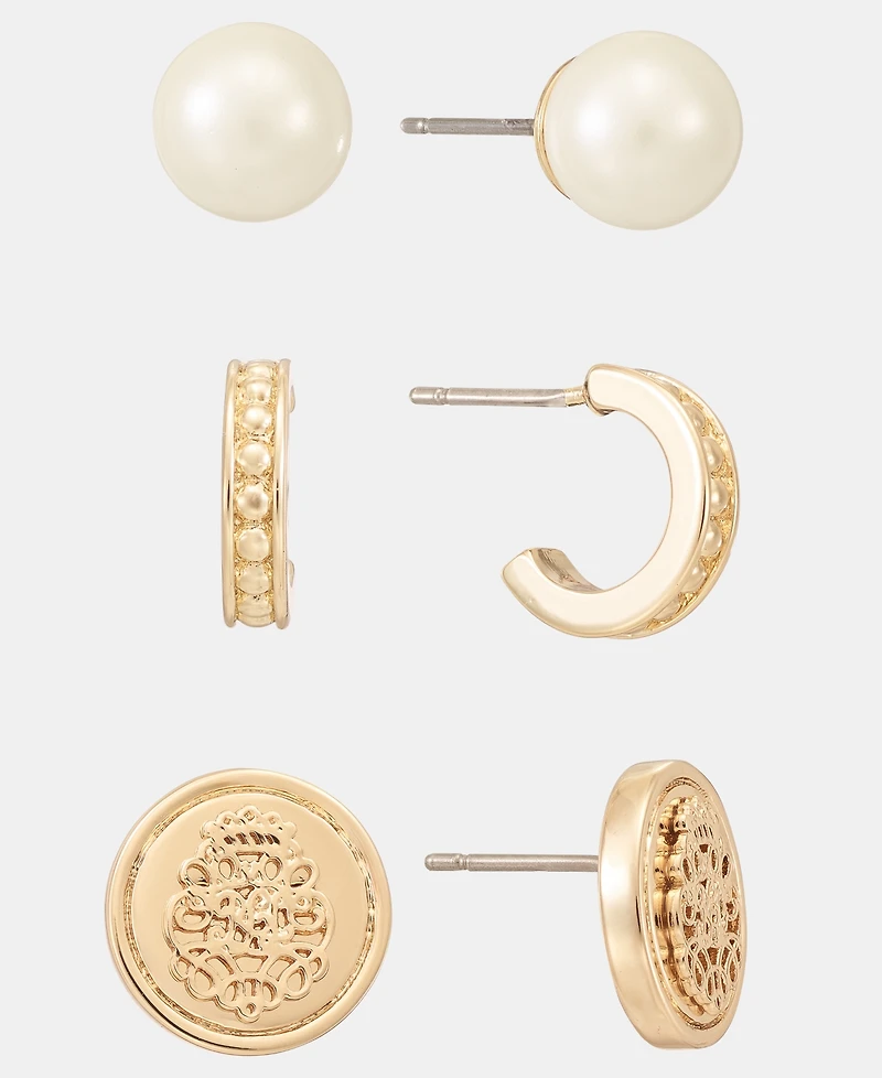 Lauren Ralph Lauren Gold-Tone Glass Pearl, Coin And Hoop Earrings, 3-Piece Set
