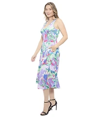 24seven Comfort Apparel Women's Abstract V-Neck Sleeveless Pleated Pocket Midi Fit N Flare Dress