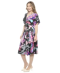 24seven Comfort Apparel Women's Paisley V-Neck Short Dolman Sleeve Twist Front A-Line Midi Dress