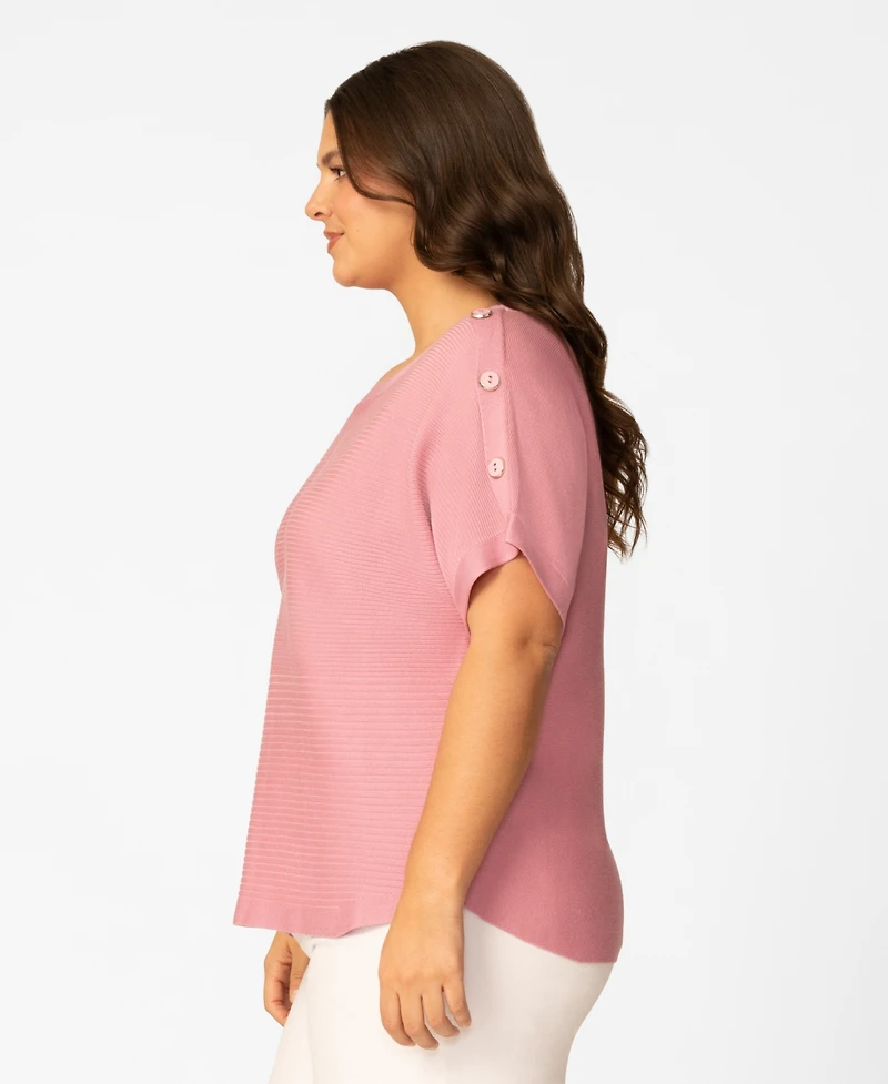 Melissa Paige Plus Size Vertical Rib Button Short-Sleeve Sweater, Macy's Exclusive