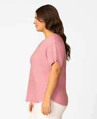 Melissa Paige Plus Size Vertical Rib Button Short-Sleeve Sweater, Macy's Exclusive