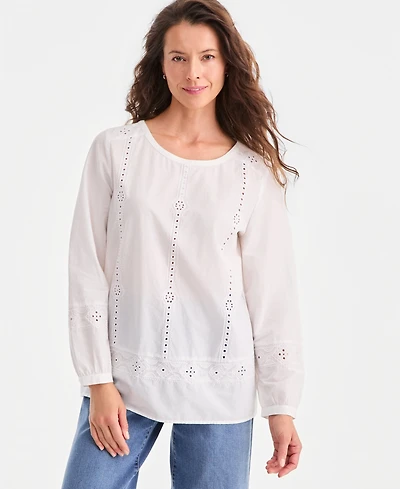 Style & Co Women's Cotton Eyelet Long-Sleeve Blouse, Macy's Exclusive