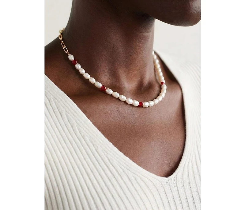 18K Gold Plated Freshwater Pearls with Charming Red Hearts - Akari Choker For Women