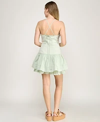 Beauty & Grace Women's Square Neck Drop-Waist Rib-Knit Lawn Mini Dress