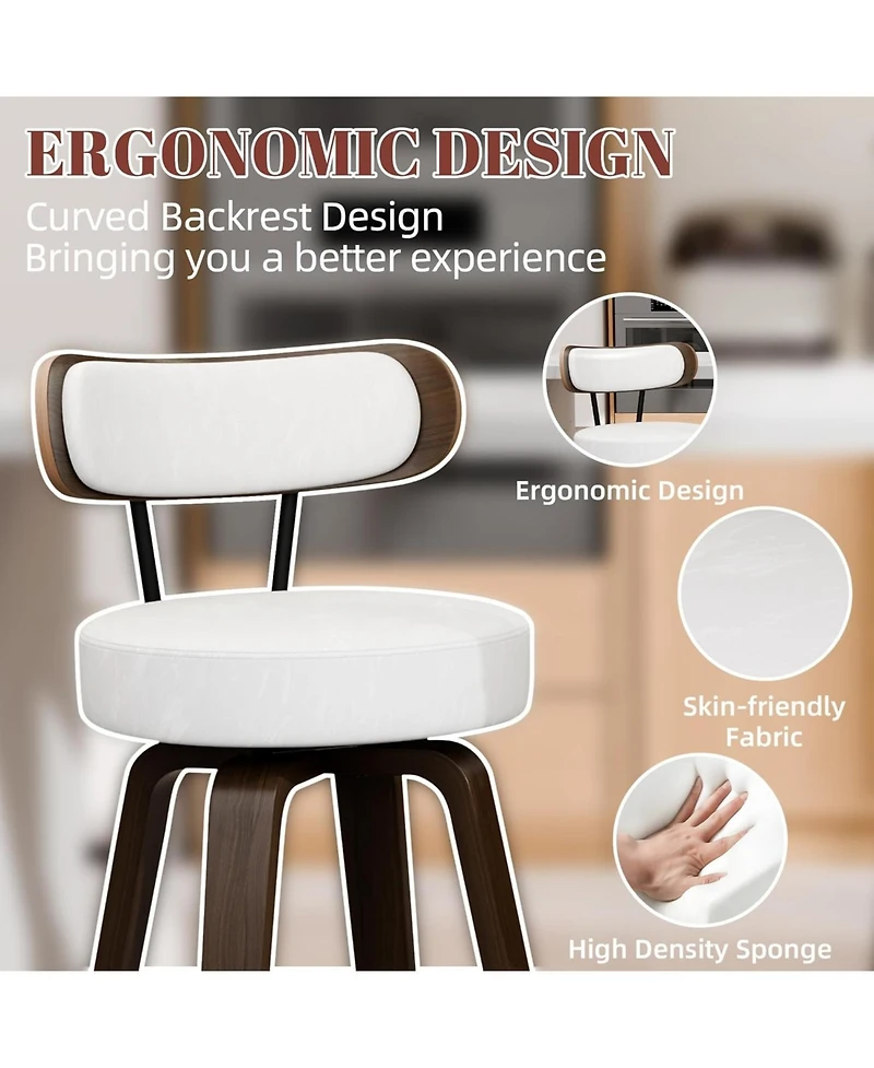 Dyhome 24 inches Bar Stools Set of 2, Counter Height Bar Stools with Leather Pad Wood Back, Leather Upholstered Barstools for Kitchen Island, Cafe