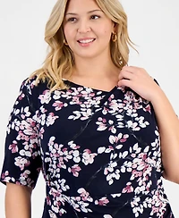 Connected Plus Printed Elbow-Sleeve Faux-Wrap Dress