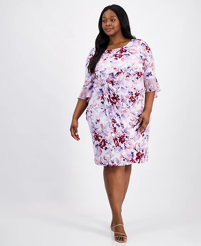 Connected Plus Floral-Print Flounce-Sleeve Dress