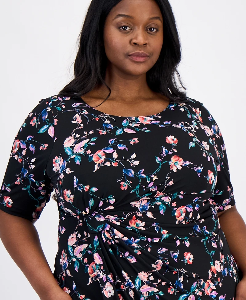 Connected Plus Floral-Print Faux-Wrap Dress