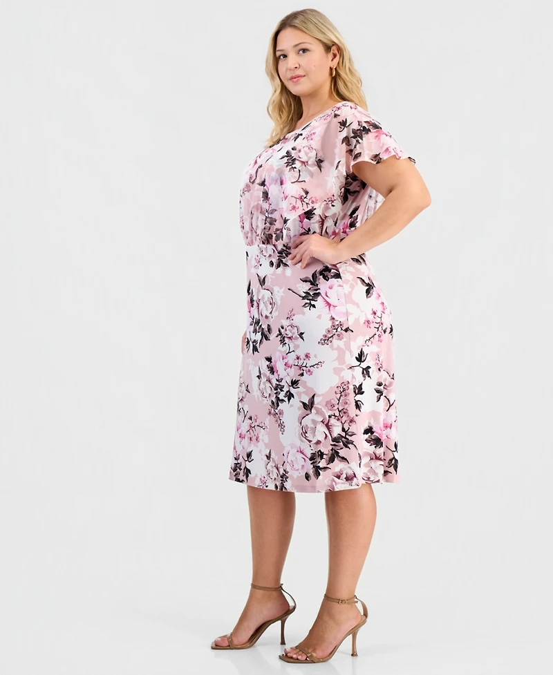 Connected Plus Floral-Print Overlay A-Line Dress
