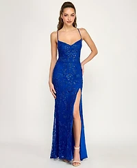 B Darlin Juniors' V-Neck Side Slit Gown