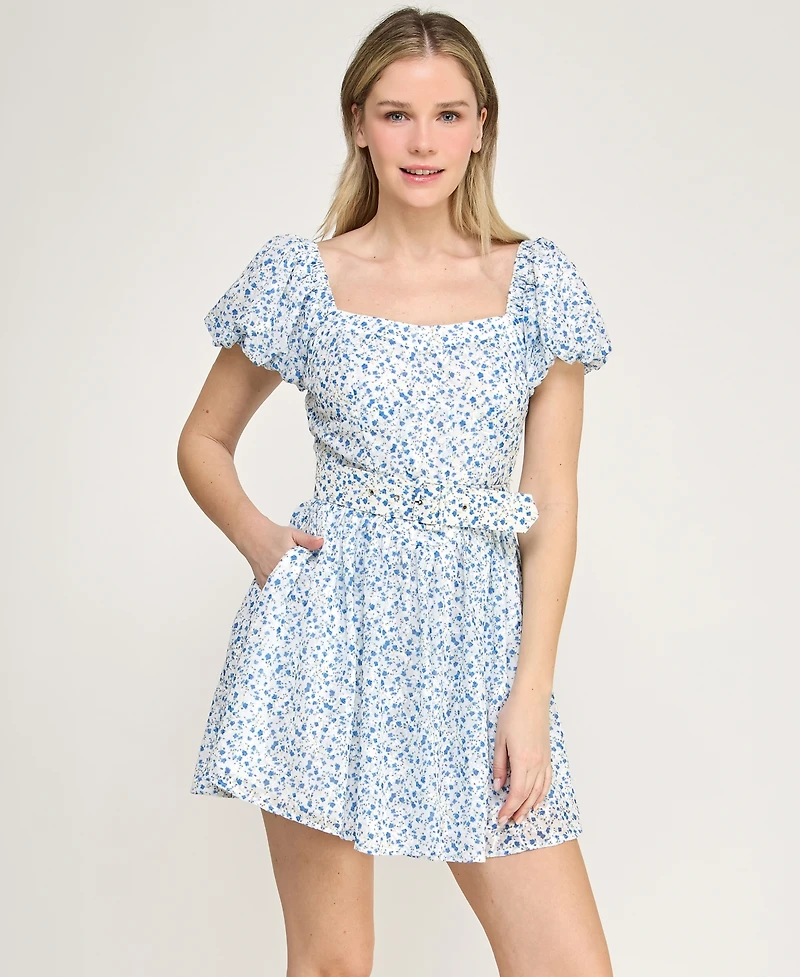 Trixxi Juniors' Short Puff-Sleeve Drop Waist Dress