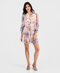 Robbie Bee Petite Floral-Print Chiffon Belted Dress