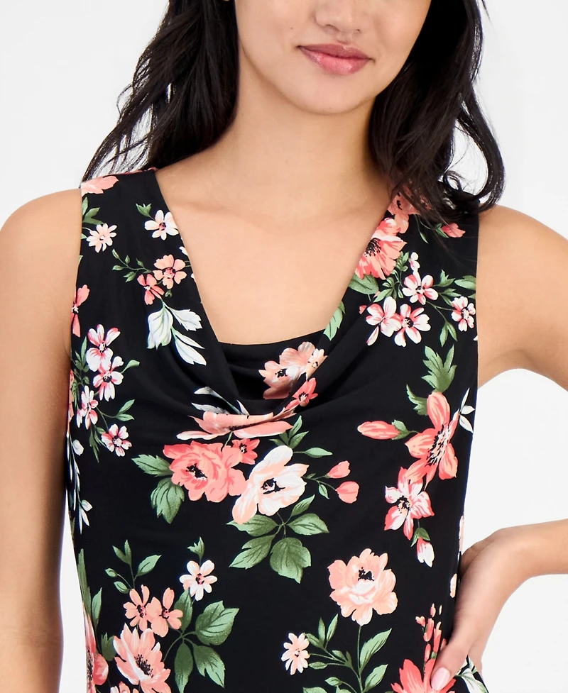 Robbie Bee Petite Floral-Print Draped-Neck Midi Dress