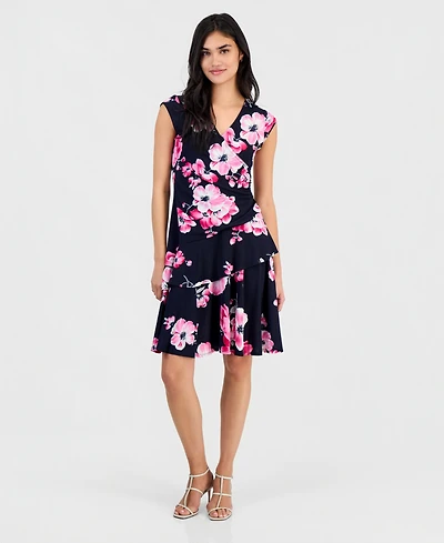 Robbie Bee Petite Floral-Print Ruffle Cap-Sleeve Dress