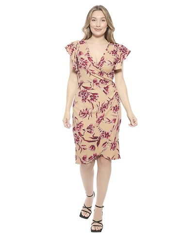 24seven Comfort Apparel Women's Floral Flutter Sleeve Faux Wrap Knee Length Dress
