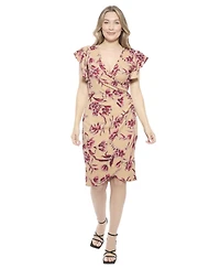 24seven Comfort Apparel Women's Floral Flutter Sleeve Faux Wrap Knee Length Dress