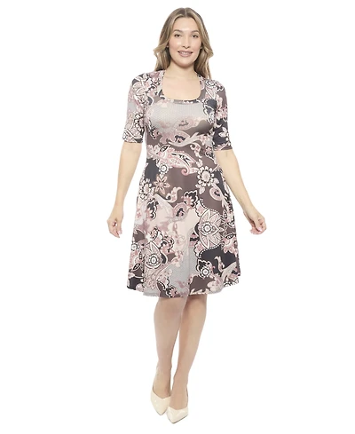 24seven Comfort Apparel Women's Paisley Scoop Neck Elbow Sleeve Knee Length A-Line FlaDress
