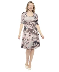 24seven Comfort Apparel Women's Paisley Scoop Neck Elbow Sleeve Knee Length A-Line FlaDress