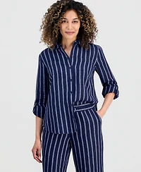 Charter Club Petite Linen Savannah Stripe Roll-Tab Shirt, Macy's Exclusive