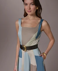 Donna Karan New York Women's Square Neck Geometric A-Line Maxi Dress