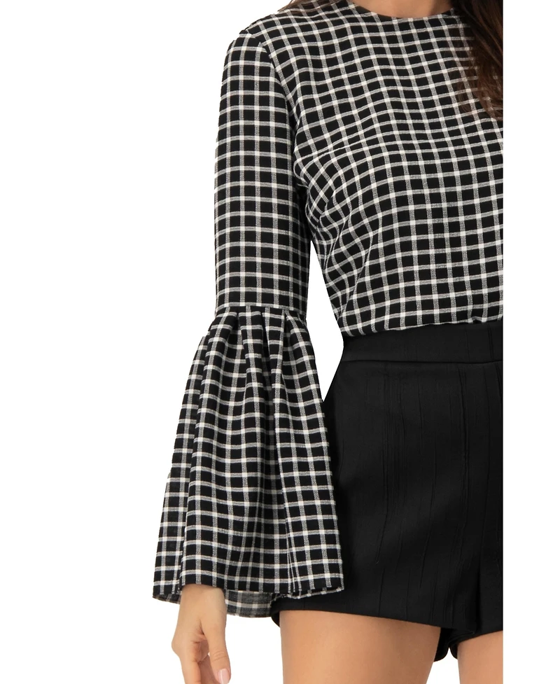 Ivonne Women's Check Blouse with Puffed Sleeves