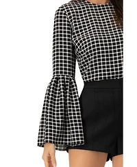 Ivonne Women's Check Blouse with Puffed Sleeves