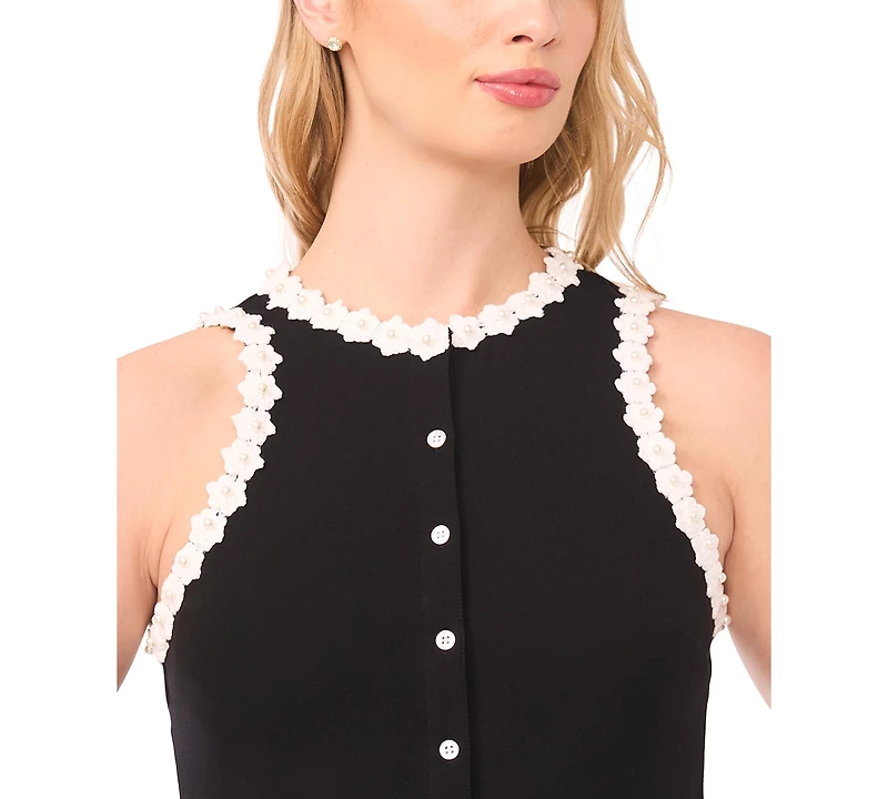 CeCe Women's Crochet Floral Trim Crewneck Top