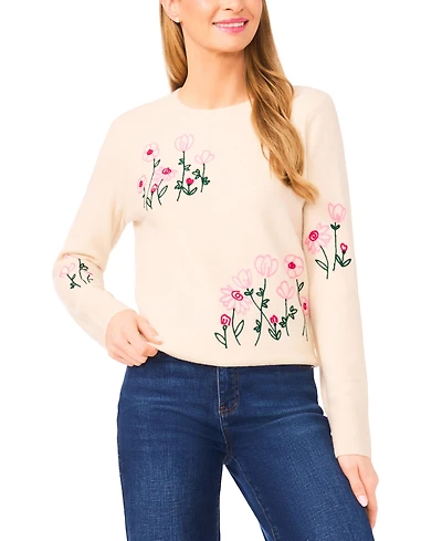CeCe Women's Floral Embroidery Detail Crewneck Sweater