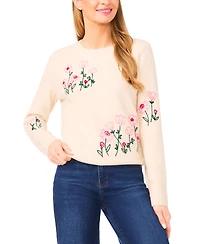 CeCe Women's Floral Embroidery Detail Crewneck Sweater