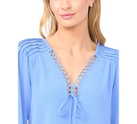 CeCe Women's Circular Trim Pin-Tuck Long Sleeve Blouse