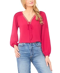 CeCe Women's Circular Trim Pin-Tuck Long Sleeve Blouse