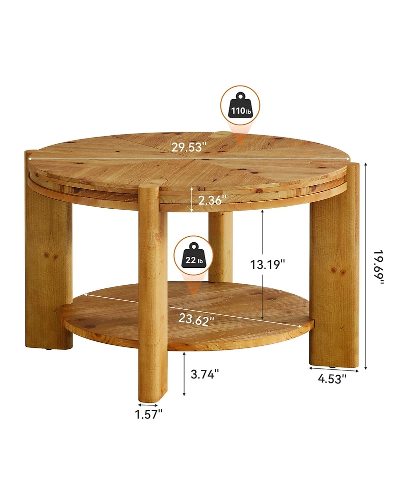 Tribesigns Round Solid Wood Coffee Table, 29.5" Farmhouse Circle Accent Center Tables, 2 Tiers Open-Style Storage Cocktail Tea Furniture