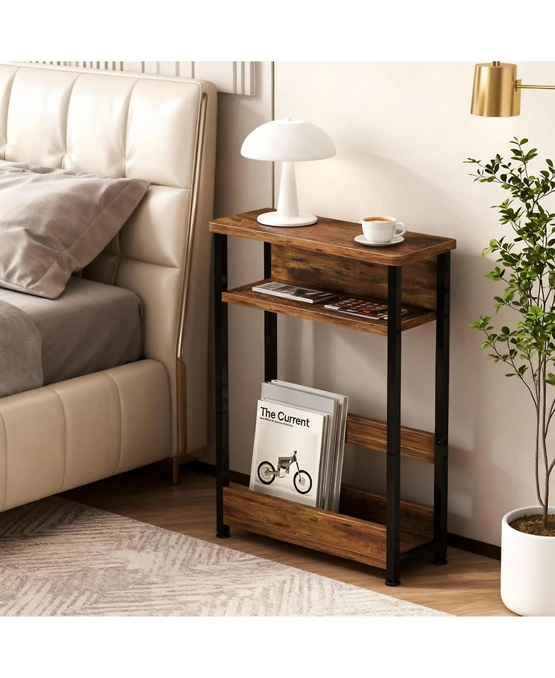 gaomon Tiger Stripe Brown Narrow Side Table, Storage Shelf & Magazine Rack Slim Nightstand for Small Spaces