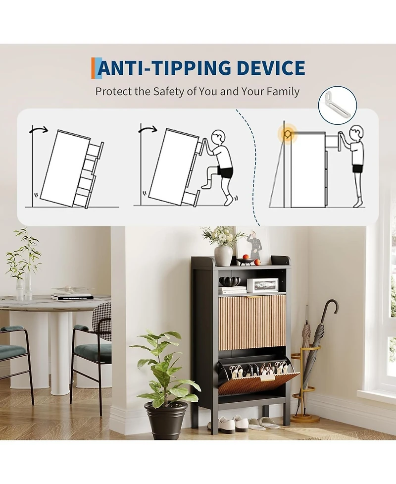 gaomon Shoe Storage Cabinet with 2 Flip Drawers, Fluted Narrow Shoe Storage Cabinet Organizer with Legs